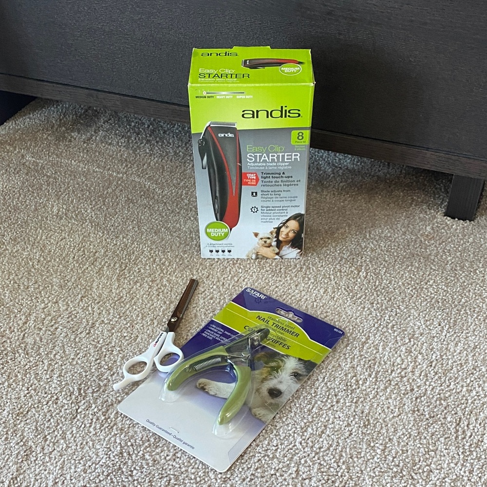 Andis Easy Clip Starter Kit with Black and Red Clippers. Mail trimmer and scisso